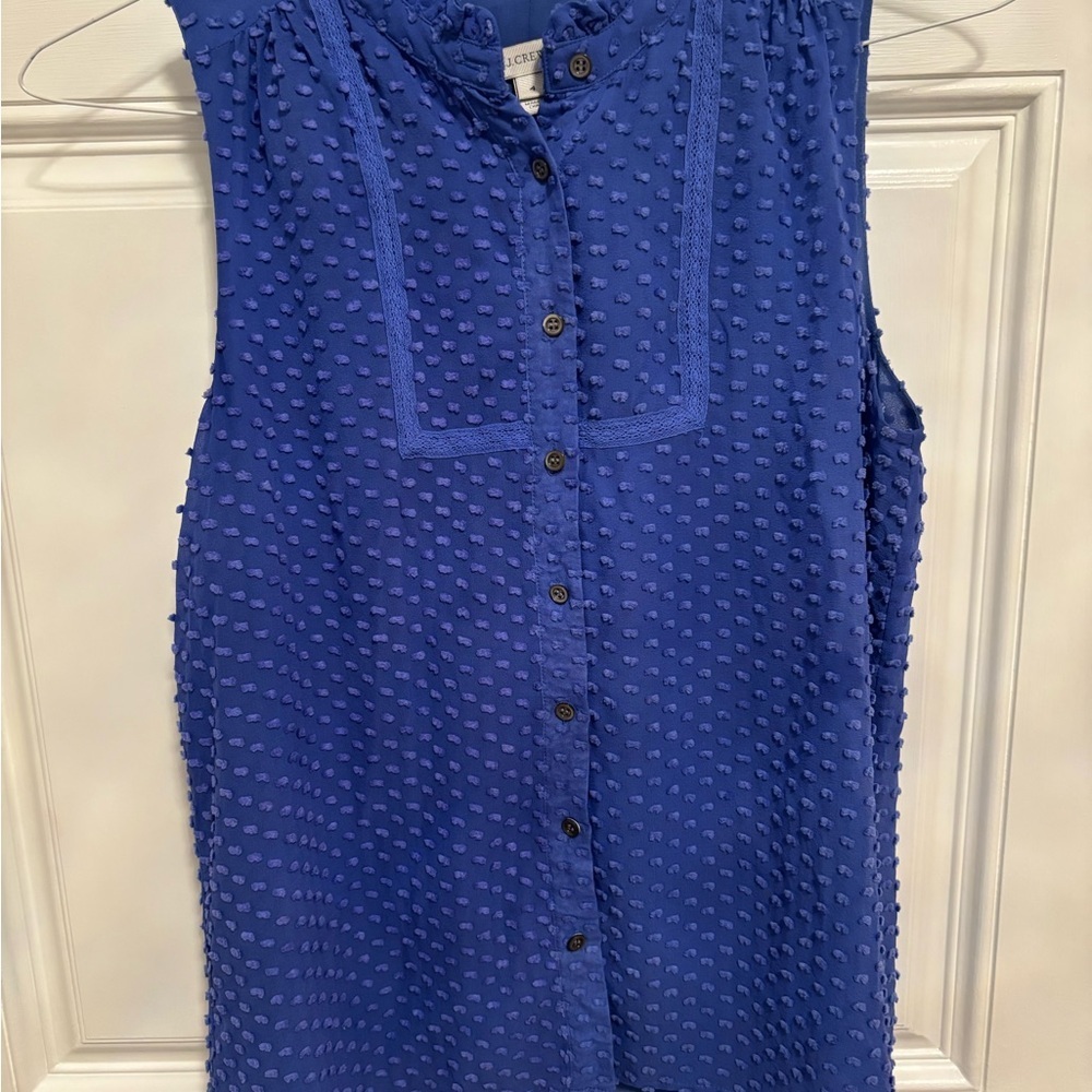 J.Crew Silk Clip Dot Sleeveless Ruffle Blouse Size 4 Royal Blue - Picture 5 of 5